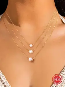 S925 Sterling Silver Faux Pearl Decor Necklace for Women, Elegant Jewelry for Party, Daily Clothing Decor, Trendy All-match & Exquisite Jewelry for Gift