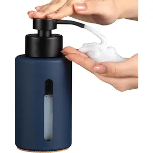 Enra Thick Foaming Soap Dispenser with Clear Window,12oz Blue Soap Dispenser with Stainless Pump, Boho Refillable Pump Bottle for (Foam-Blue)