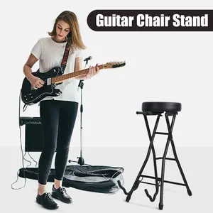 Guitar Stool with Padded Seat, Collapsible Chair with Guitar Stand, Retractable Hook, Adult Portable Folding Stool