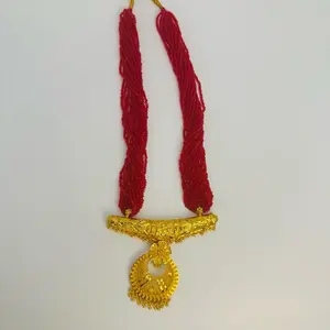 Gold plated neckpiece in Nepali hydro potey in Red