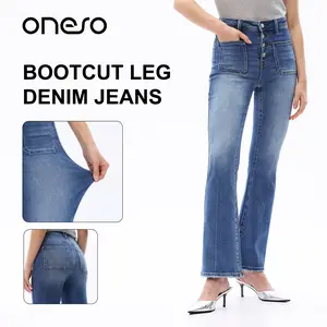ONESO Women's High Waisted Bootcut Denim Jeans Patch Front Pockets Design Buttons Fly Bottom Pants Womenswear#Summervide
