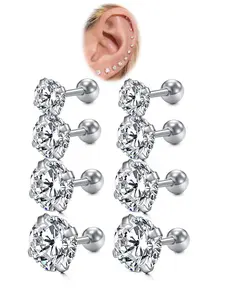 Stainless Steel Cubic Zirconia Stud Earrings Set, 18g Tragus and Conch Ear Rings, Cartilage Piercing Jewelry, 3mm-6mm
