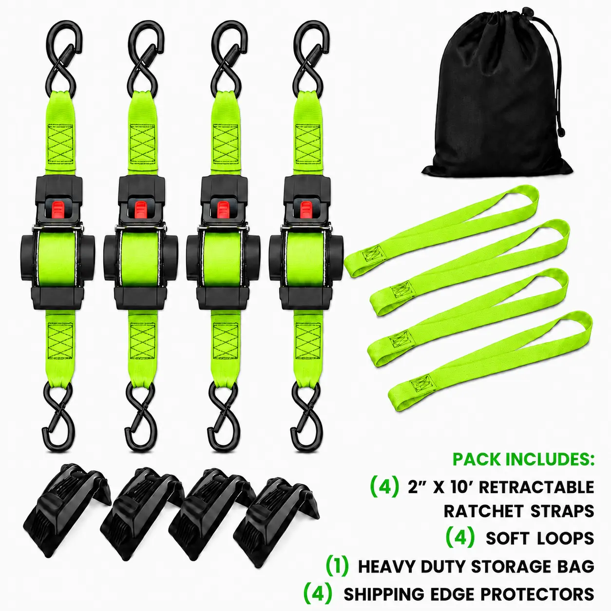 Heavy-Duty Automatic Retractable Ratchet Straps – Includes 4 Transport Corner Protectors – 2 in. x 10 ft. (3,300 lb. Break Strength) – Heavy-Duty Auto-Retracting Tie-Down Straps for Trucks, Cargo Trailers, Motorcycles, and More