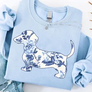 Blue Toile Sweatshirt, Dachshund Sweater, Dog Lover Sweatshirt, Doxie Mom Sweater, Gift For Her, Dog Lover Gift