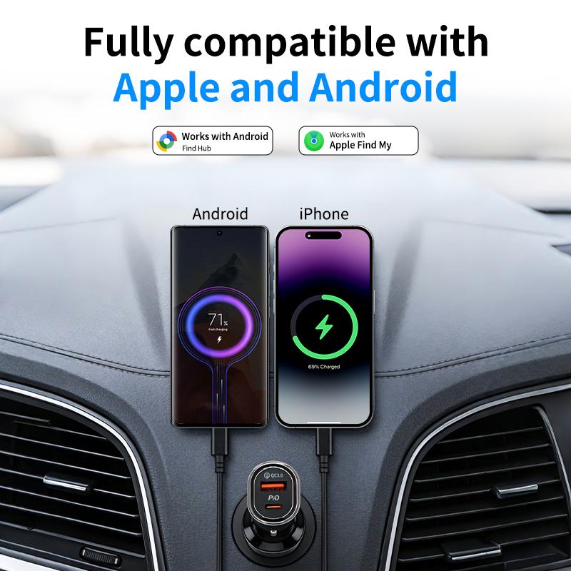 2-in-1 Car GPS Tracker & Fast Charger, Dual System Locator for IOS Find My & Google Find Hub, Anti-Theft Vehicle Finder with Quick Charge USB-C Port, No Subscription Neede