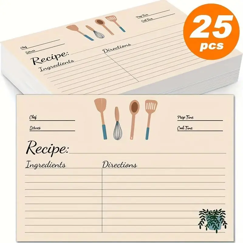 Kitchen Recipe Card (25pcs), Double Sided Printable Vertical Cards Kitchen Recipe Card, Cooking Recipe Card, Stationery, Suitable for Cooking Book, Recipe Book, Prep Time, Ingredients