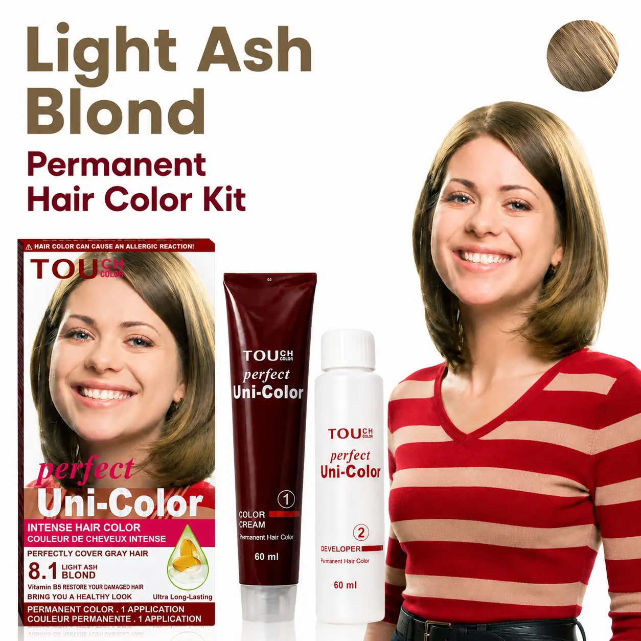 SOFTSUB 8.1 Light Ash Blonde Permanent Hair Color Kit, Cool Toned Anti Brass Even Looking Color, 120 mL Cream Dye and Developer, 1 to 1 At Home Color, (1/3 Box)