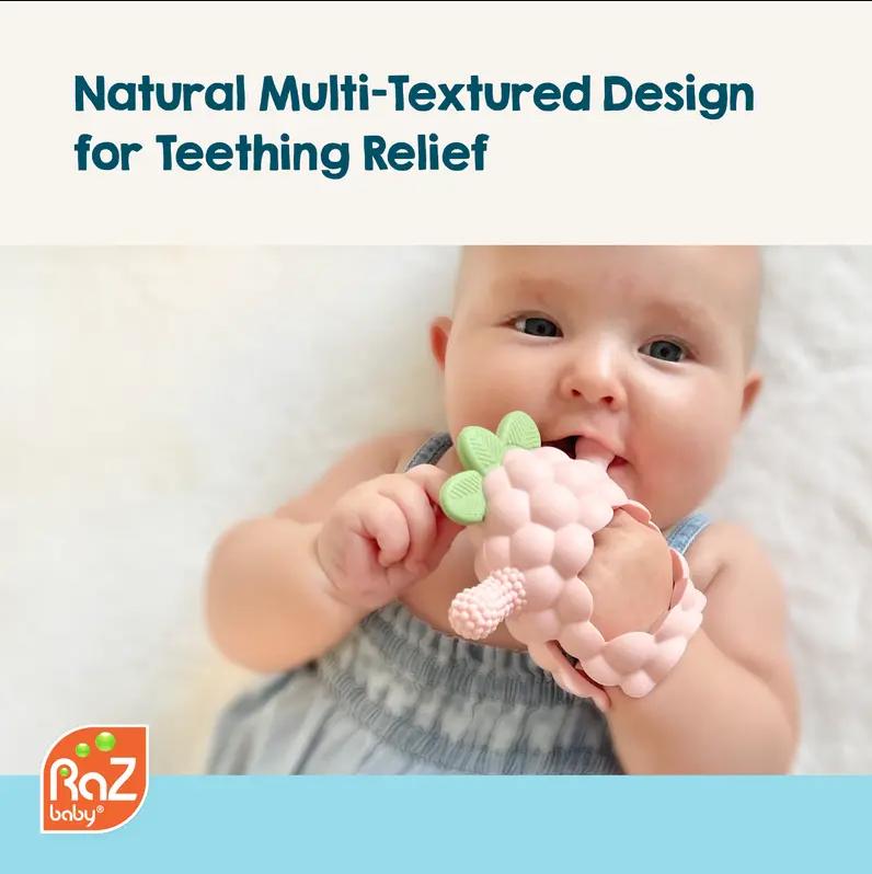 RaZbaby RaZberry Grip Silicone Teether Toy for 3M+ Babies & Infants - Drop Resistant, Non-Toxic, Multi-Textured Design for Front and Back Teeth