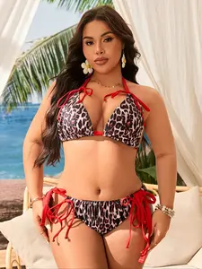 Women's Plus Size Bikini Set, Leopard Print Bikinis, Leopard Print Rope Tie Bathing Suit, Sexy Vacation Style Swimsuit, Trendy Swimwear for Women, Swimsuit for Beach