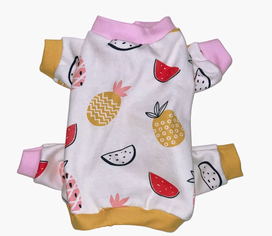 Yellow and Pink Pineapple Fruits Dog Pajamas - Cozy Tropical Print for Comfortable Nighttime Sleepwear
