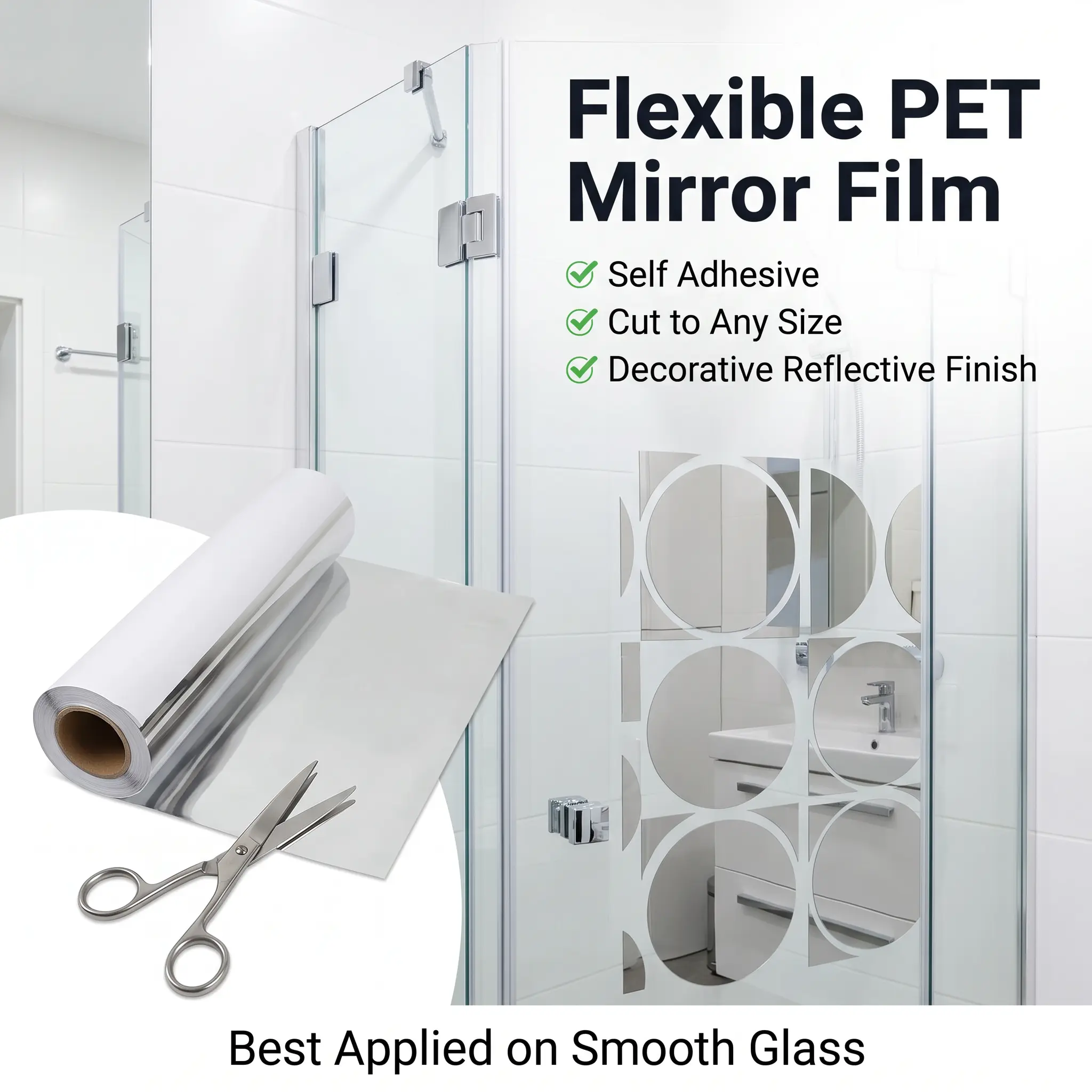 Flexible Self Adhesive Mirror Sticker Roll, Cuttable PET Reflective Film for Glass Door Decoration, DIY Craft Wall Decor, Silver Mirror Finis