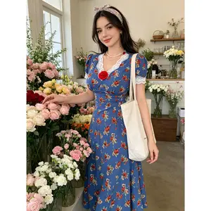 Vintage French Blue Floral Midi Dress Romantic Lace V-Neck Gown | S-XXL Inclusive Sizing | Perfect for Picnic, Date Night, Sunday Brunch & Tea Parties