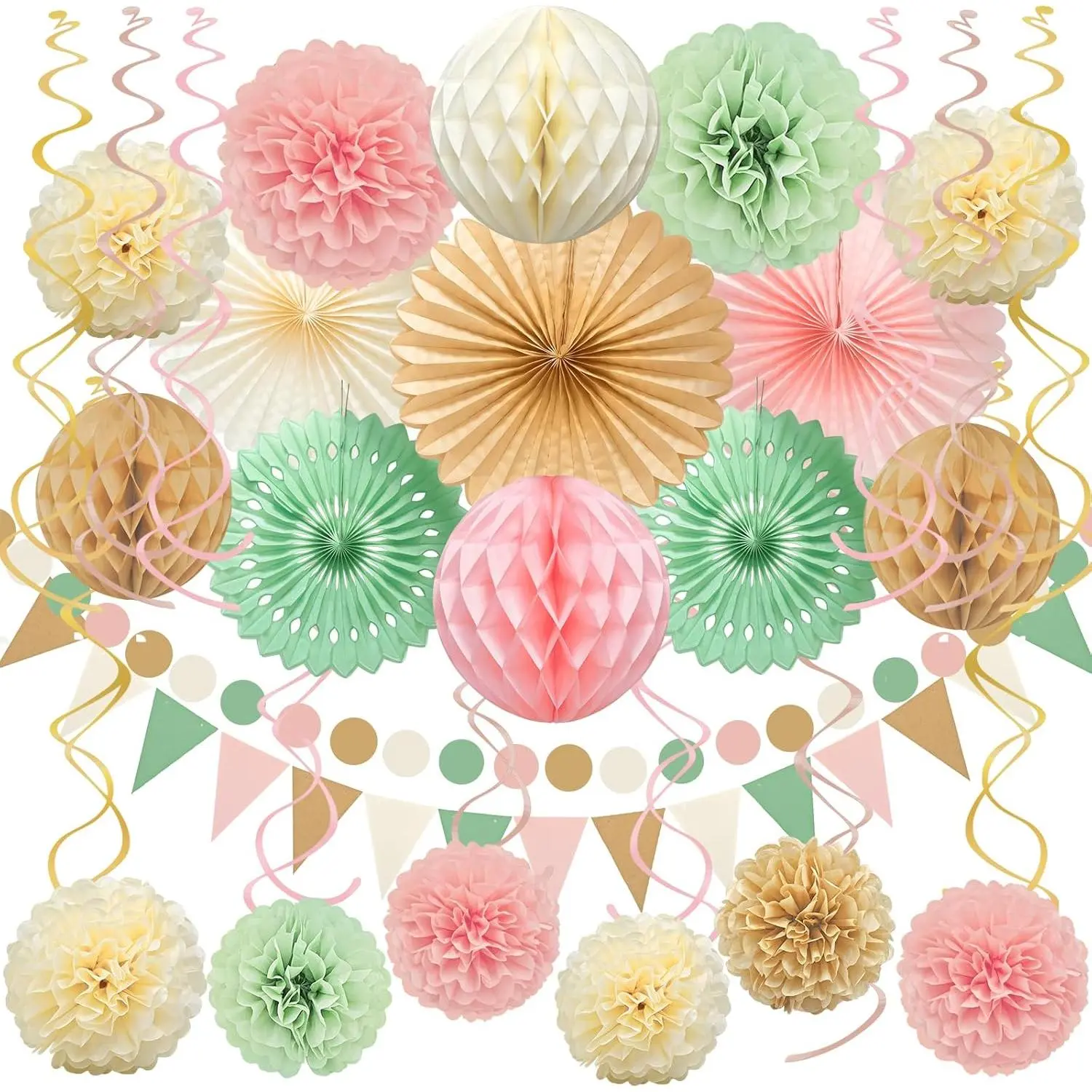 Ycitusi 33Pcs Fluffy Boho Party Decorations Box - Sage Green & Peach Pink Round Photo Backdrop Set, Paper Fans, Tissue Pom Poms, Honeycomb Balls Garlands for Woodland Birthday, Wall & Window Decor, Flowers