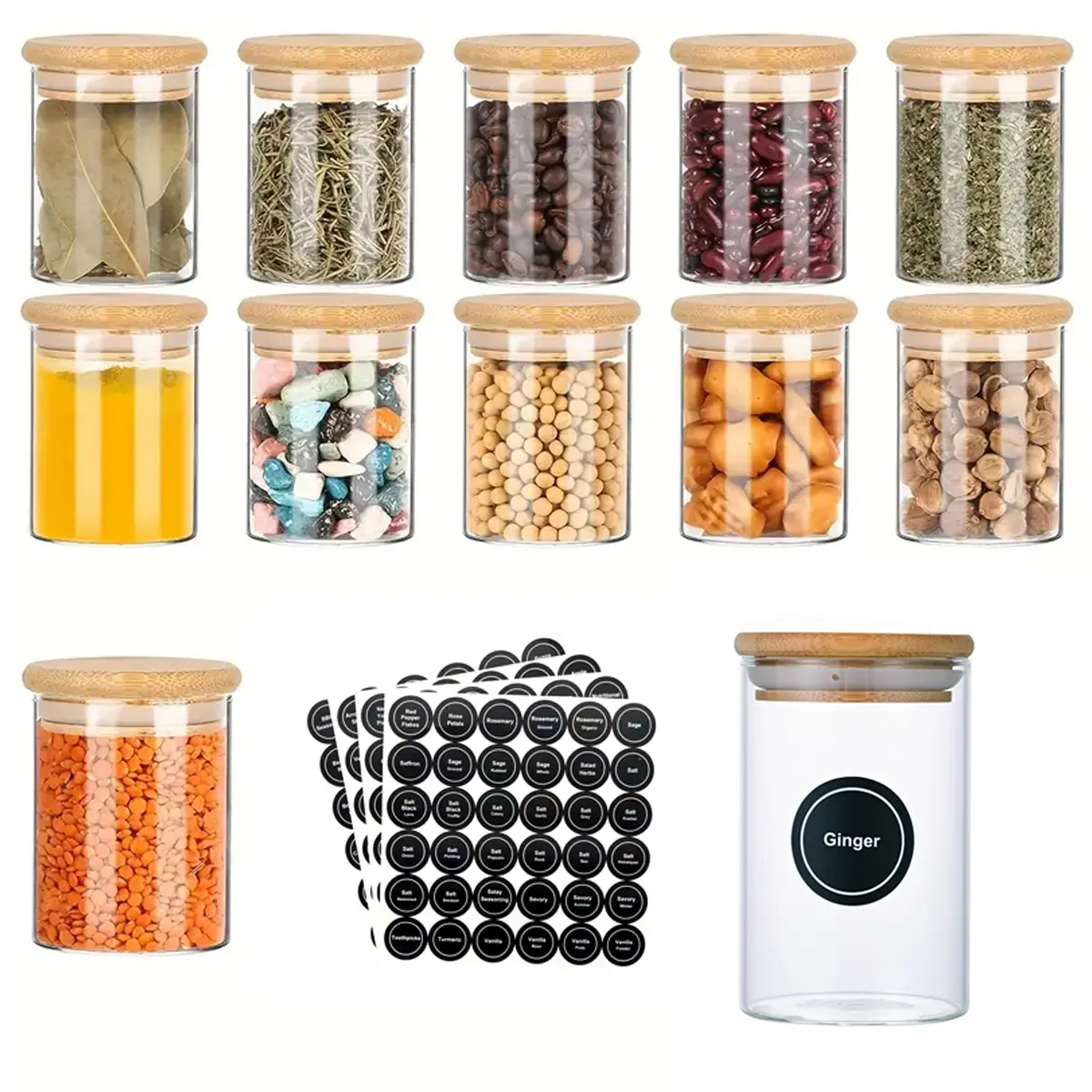 12-piece set of storage jars, round glass jars, kitchen storage containers, organizers,perfect for portioning out spices and candies, and keeping food fresh