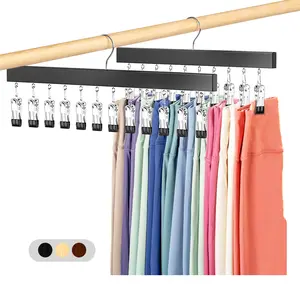 Upgraded Legging Hanger for Closet Organizer with 12 Clips, Wooden Jeans & Yoga Pants Hanger, Space Saving Non-Slip Organizer, Clothes Hanger with Clips for Bra, Belt, Sock, Hat Hanging Organization 1/2Pcs