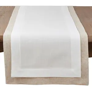 SARO  18 x 72 in. Rectangular Double Layer Table Runner with Thick Border Design - Ivory