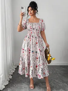 Plus Size Women's Floral Dress, Casual Loose Fit Square Neck Long Dress, A-Line Ruched Summer Dress, Beach Vacation, Date Night, Party Wear