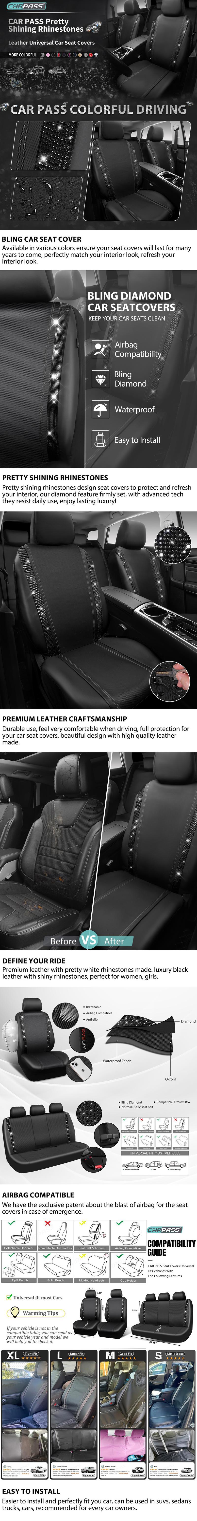 CAR PASS Bling Car Seat Covers, Shining Rhinestone Diamond Waterproof Leather,Interior Decor,Universal Fit Glitter Crystal Sparkle for Cute Women Girl