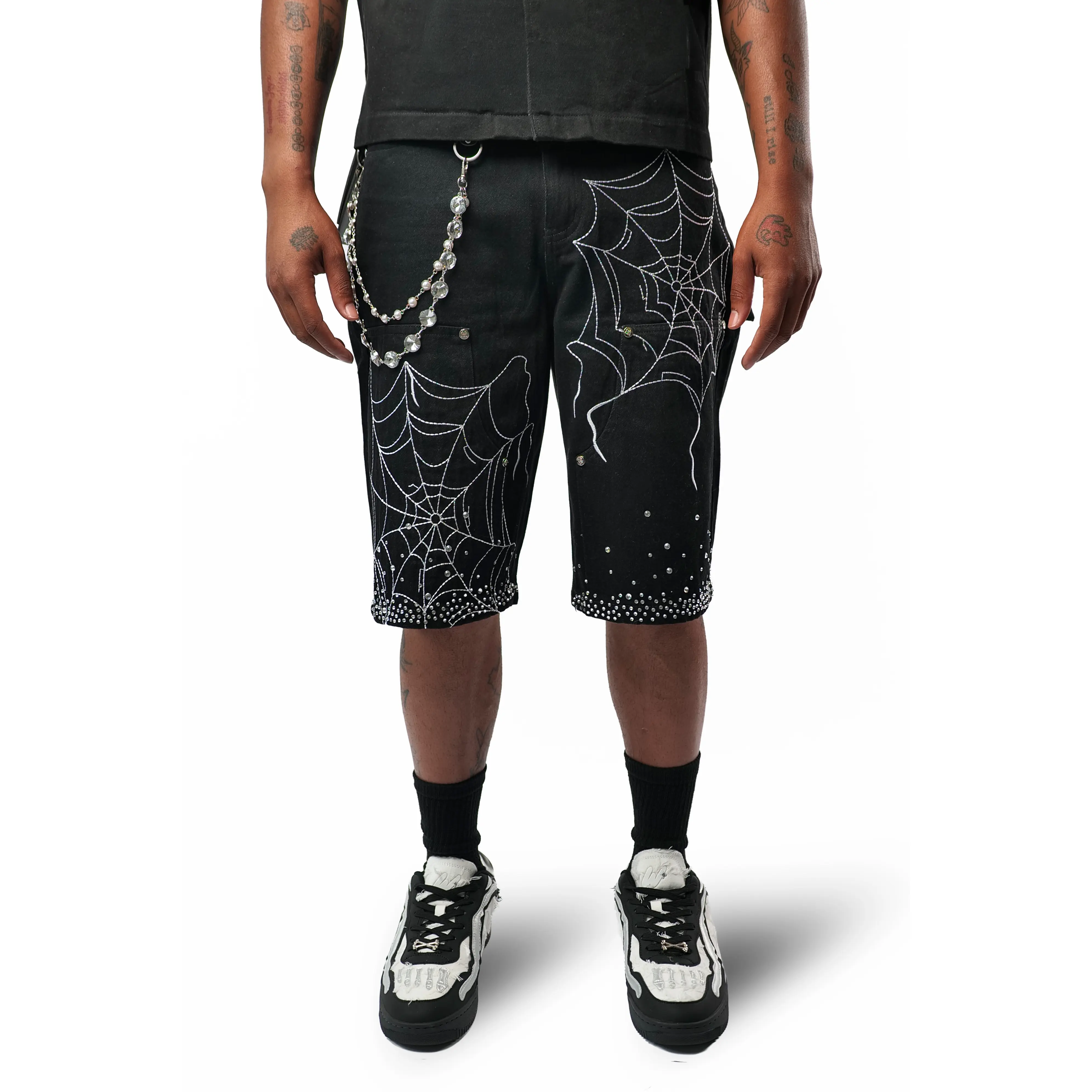 WATSON SPIDERWEB SINGLE STITCHED BLACK DENIM SHORTS