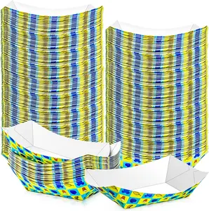 MotBach 120 Pack 2Lb Checkered Paper Food Trays Disposable Paper Boat Bowls, Colorful Paper Food Serving Boat Tray Plates for Snack Dessert Popcorn Sandwich Taco Fries Nacho
