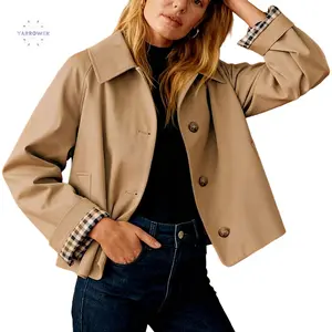 Women Oversize Trench Coat Plaid Lining Lapel Button Down Casual Crop Jacket Outwear with Pockets