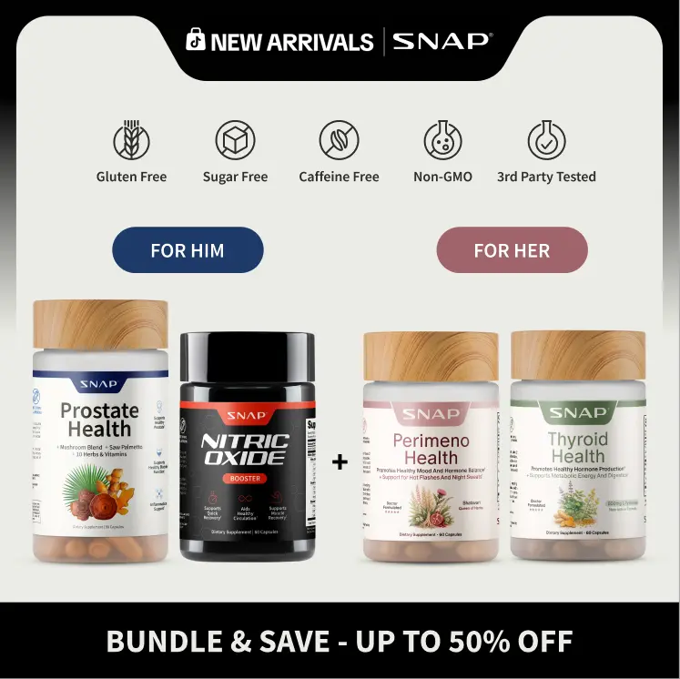 His & Hers Wellness Bundle - Snap Supplements - Prostate Health 90 ct + Nitric Oxide Booster 60 ct + Perimeno Health + Thyroid Health - Daily Wellness Support for Men & Women