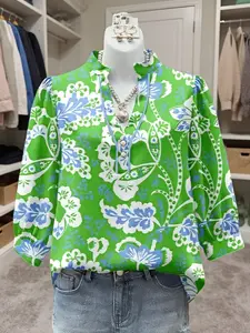 Women's Bohemian Floral Blouse - Lady's Long Sleeve Casual Bishop Sleeve Boho Tie Top, Loose-Fitting Polyester Chic Elegant Green Blue Print Shirt for Spring, Fall Outfits