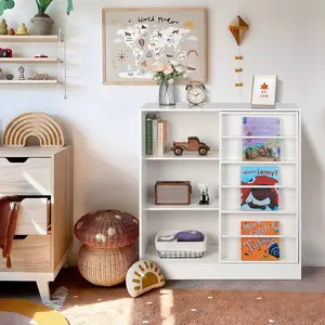 Kid Bookshelf & Toy Storage Organizer with Sliding Door, Toy Box Chest for Playroom Bedroom Living Room