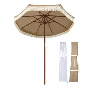 LAGarden Boho Wooden Patio Fringe Umbrella 7ft
