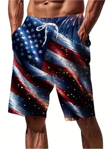 Men's patriotic American flag print swim trunks—elastic, soft, and lightweight beach shorts with an adjustable drawstring waistband and high-elasticity fabric, suitable for surfing, fitness, and outdoor activities.