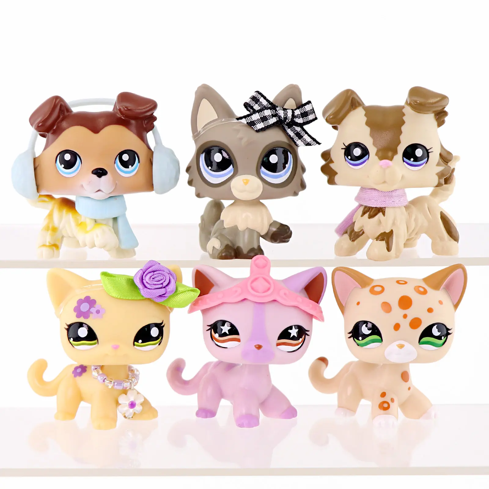 6 Pcs Mini Animal Figure Set, Cartoon Cats & Dogs Toys with Earmuffs Scarf Plaid Bow Flower Necklace Princess Headband Accessories, Collectible Small Pet Figurines, Kids Birthday Gift Desktop Cake Topper Decor