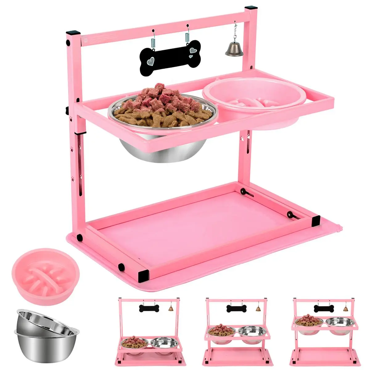 Pink Raised Dog Bowl Stand with Two 1700ml Stainless Steel Food Bowl, a Slow Dog Feeder and silicone Mat, Adjustable Dog Feeder, Elevated Dog Bowls for Large Medium and Small Dogs
