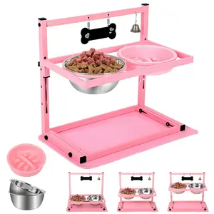 Pink Raised Dog Bowl Stand with Two 1700ml Stainless Steel Food Bowl, a Slow Dog Feeder and silicone Mat, Adjustable Dog Feeder, Elevated Dog Bowls for Large Medium and Small Dogs
