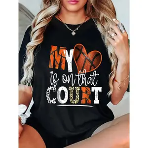 Women's Basketball Mom T-Shirt - "My Heart is on That Court" Design, Soft, Short Sleeve, Casual Fit, Black with Leopard Print & Basketball Graphics, Round Neck, Machine Washable