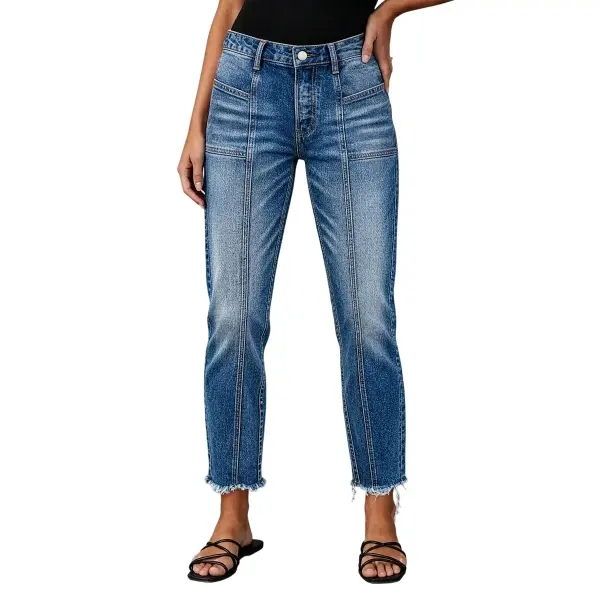 Flamingals Wash Raw Hem Stitch Detail Mid Waist Straight Leg Cropped Jeans Womenswear Stretchy 25.4" Inseam