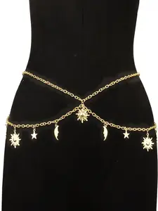 Women's Boho Style Sun & Moon & Star Decor Chain Belt, Vintage Trendy Waist Belt, Fashionable Clothes Accessories for Daily & Festival Decoration, Star Decorated Belt