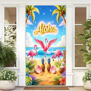 Tropical Aloha Flamingo Beach Pineapple Door Cover Decor, 71x35 Inch Hawaiian Theme Festive Party Supply, Perfect for Summertime Celebrations
