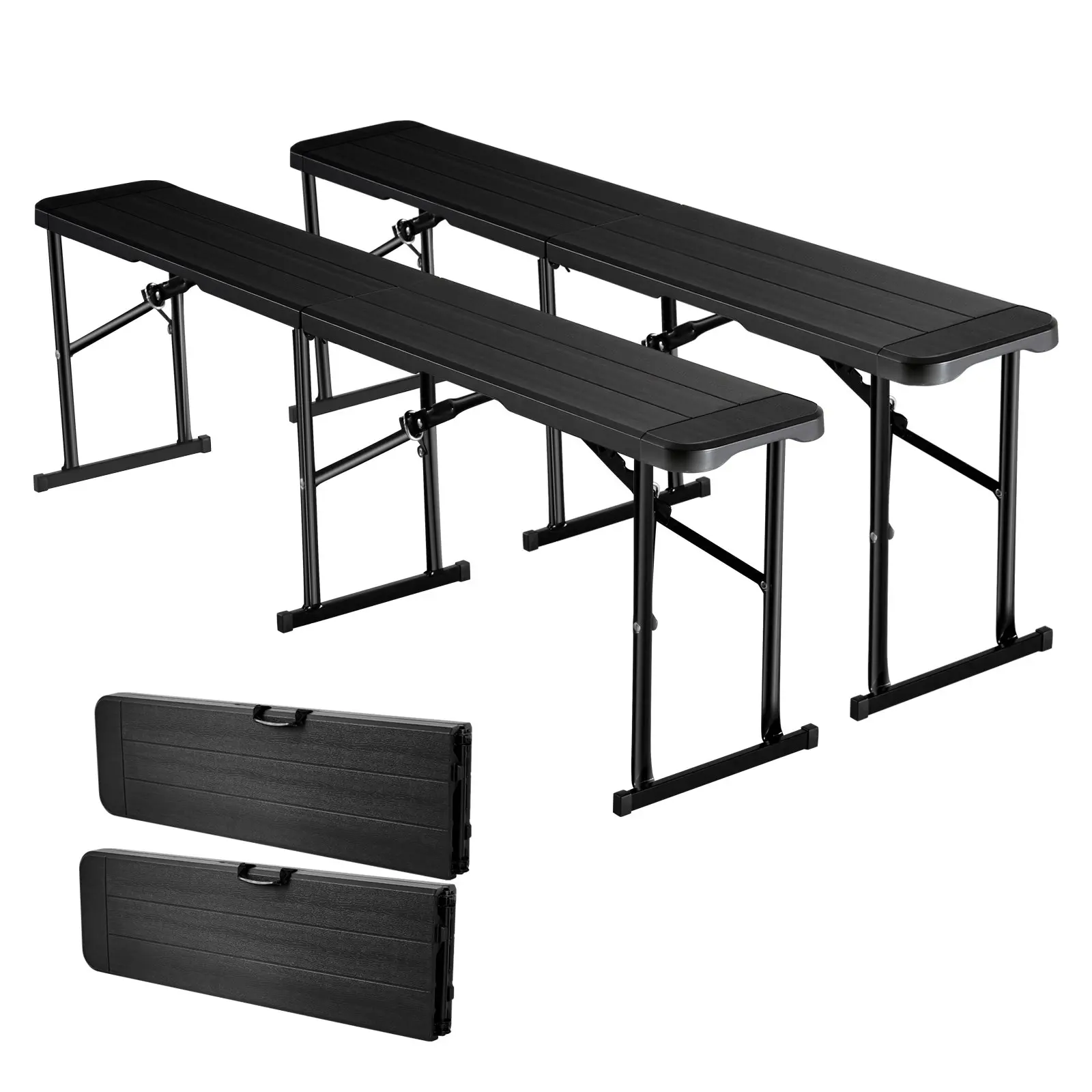 【Summerfinds】VEVOR 2 Pcs Lightweight Plastic Folding Tool Benches, 6 ft HDPE Smooth-Seat Panels, Carry Handles, 2 Carry Bags, 71.8x11.0x16.9 Inch, 331.1 lbs Per Seat Capacity, Stable Crossbar Legs, Storage-Friendly Black Multipurpose for Picnics, Soccer,