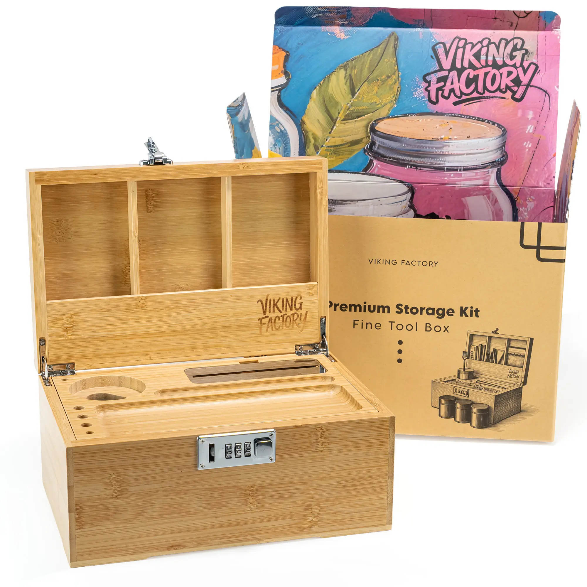 Viking Factory Bamboo Storage Box with glass jars – Elegant storage solution for home and office décor | Expertly crafted using mortise-and-tenon joinery|wooden treasure chest