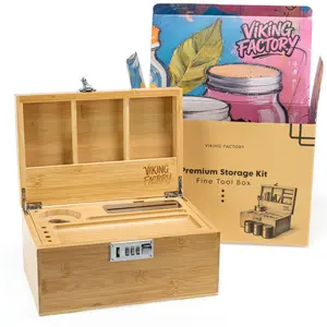 Viking Factory Bamboo Storage Box with glass jars – Elegant storage solution for home and office décor | Expertly crafted using mortise-and-tenon joinery|wooden treasure chest
