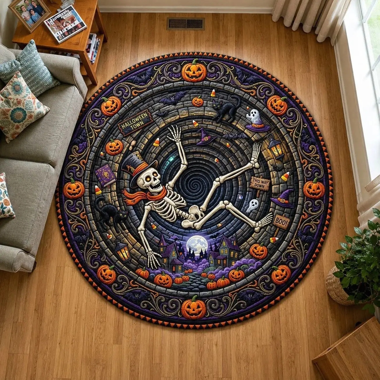 Skeleton Top Hat Falling Into Haunted Well Round Mat Rug - Nature Design | Serene Home Decor