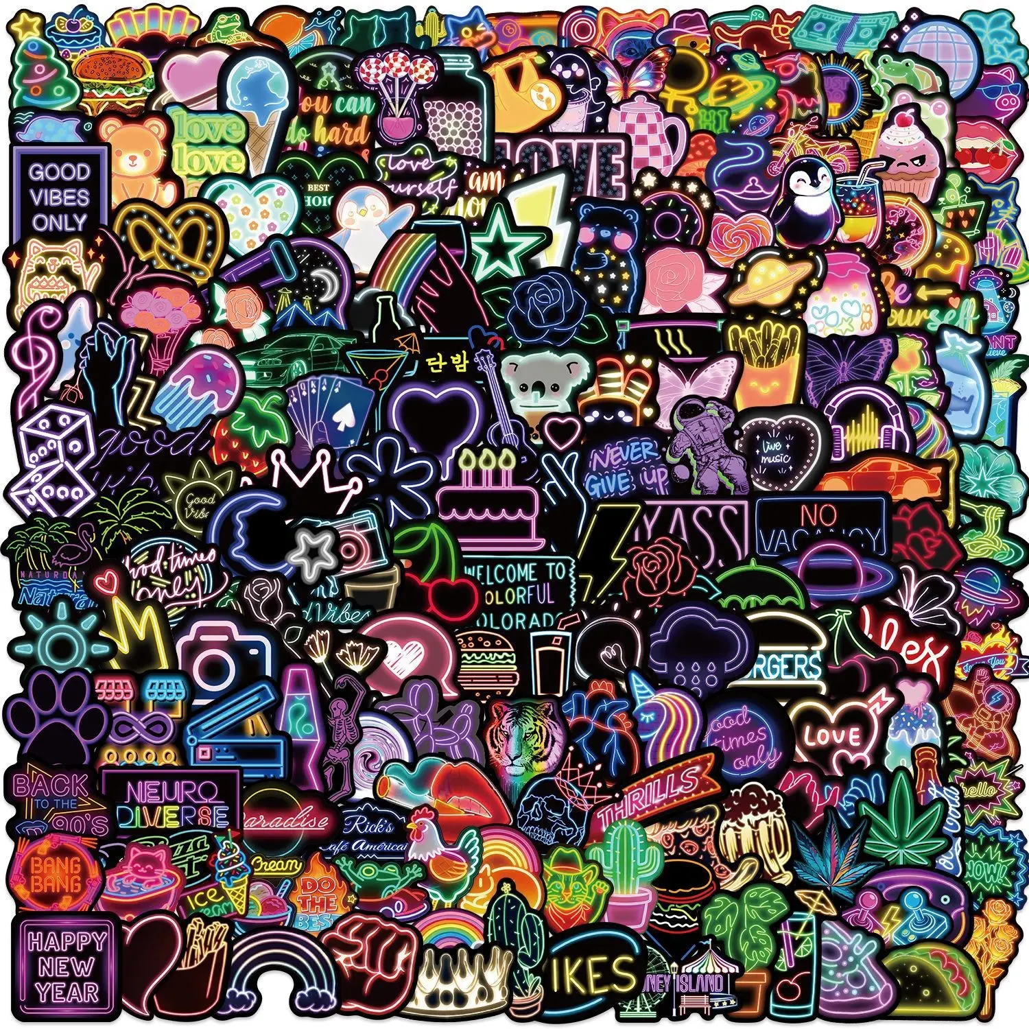 200 Cartoon Neon Graffiti Stickers, Waterproof No-Residue Luggage Guitar Stickers, Printed Design, Ideal for Personalization