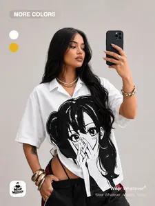 Y2K Style Teenage Girl Shy Expression Graphic Casual Shirt, Trendy Streetwear Short Sleeve Top, Fitted Design for Daily Wear