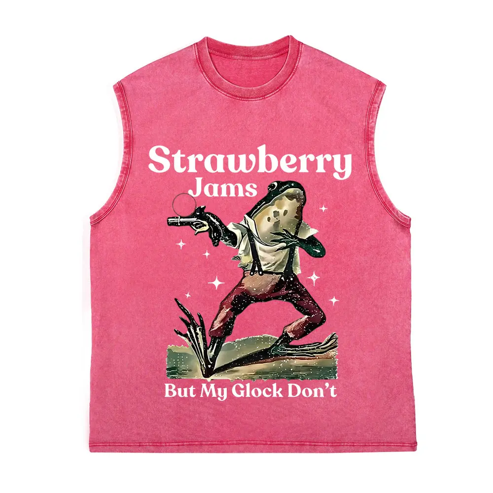 Men's Sleeveless Washed Tank Top With Frog Holding Gun Pattern, Vintage Washed Cotton women Vest ,  Summer Apparel, Perfect For Gym Sports Vacation Party, Men's Casual Clothingc