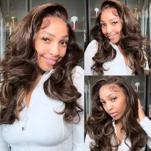 Klaiyi Mocha Brown Highlight Brown Body Wave Wig Chocolate Brown with Caramel Highlights 13x4 Pre everything Lace Front Wig