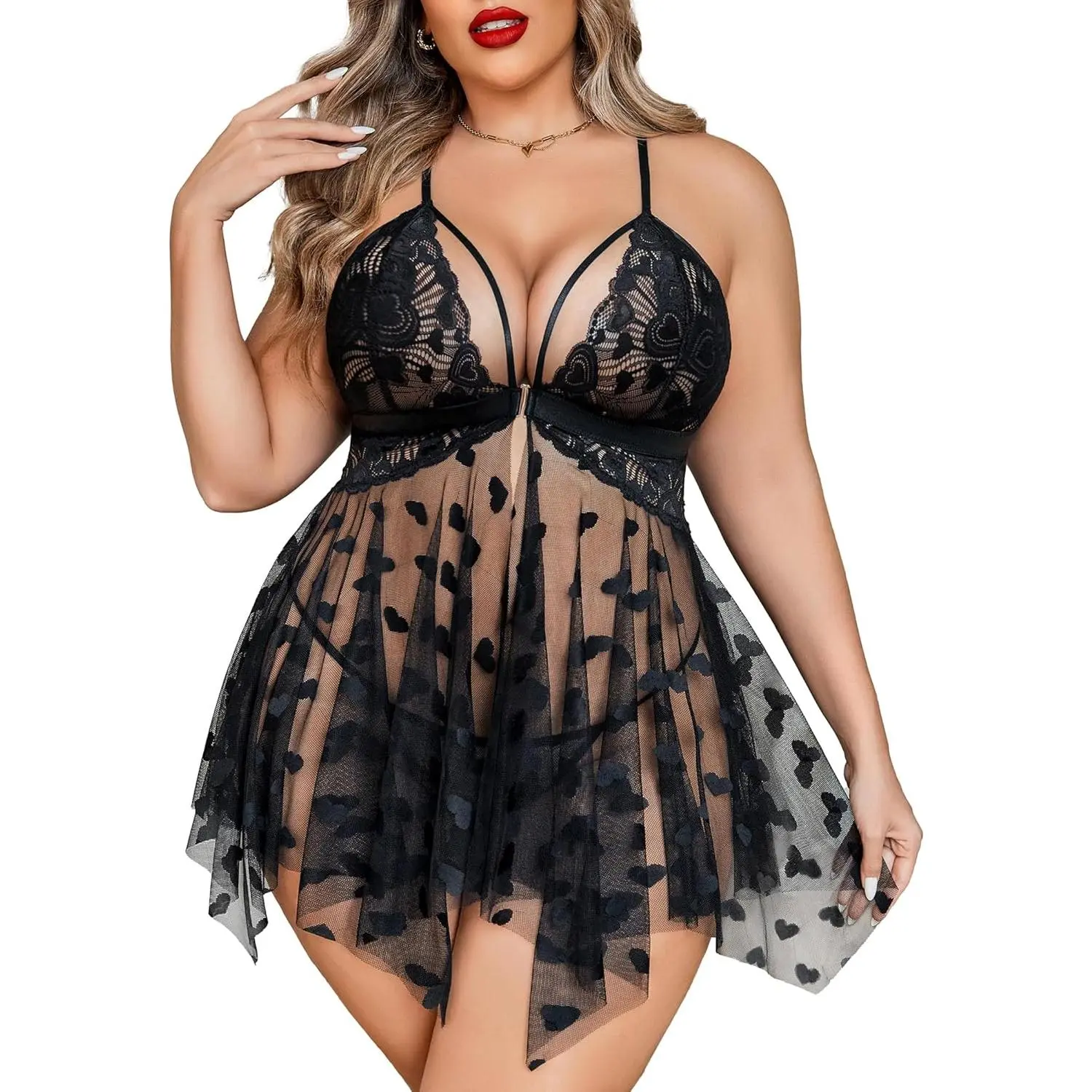 EvilEnergy Plus Size Lingerie Lace Babydoll Womens Teddy Chemise V Neck Nighty Mesh Sleepwear Front Slit Nightdress