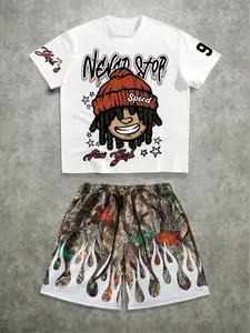 Vintage Racing 22 Number Graphic White Oversized T-Shirt + Black Stripe Drawstring Shorts 2 Piece Set Streetwear Y2K Hip Hop Athletic Tracksuit