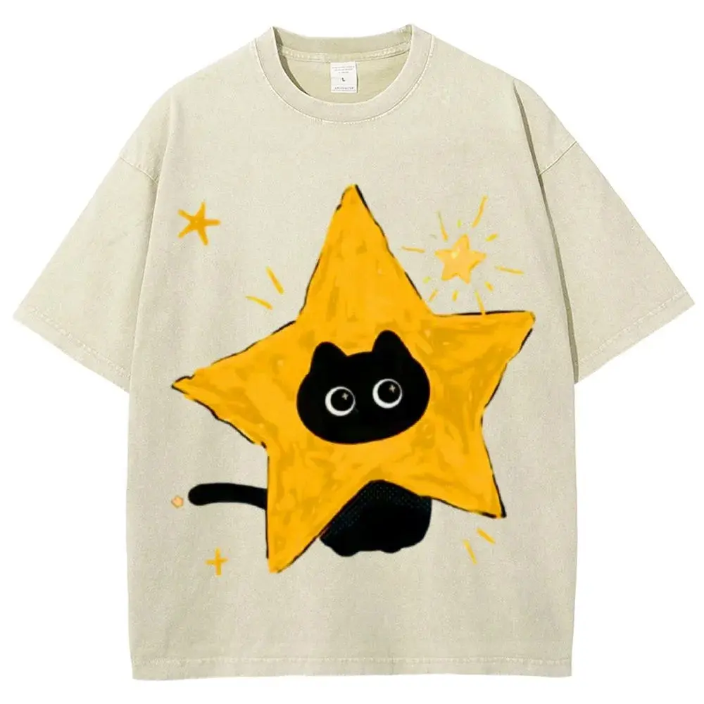 Star Black Cat T-shirt, Unisex Casual Cotton Comfort Shirt, Vintage CrewNeck Acid Washed Oversized Drop Shoulder Heavyweight T-shirt, Baggy Workout Tops Short Sleeve Shirt