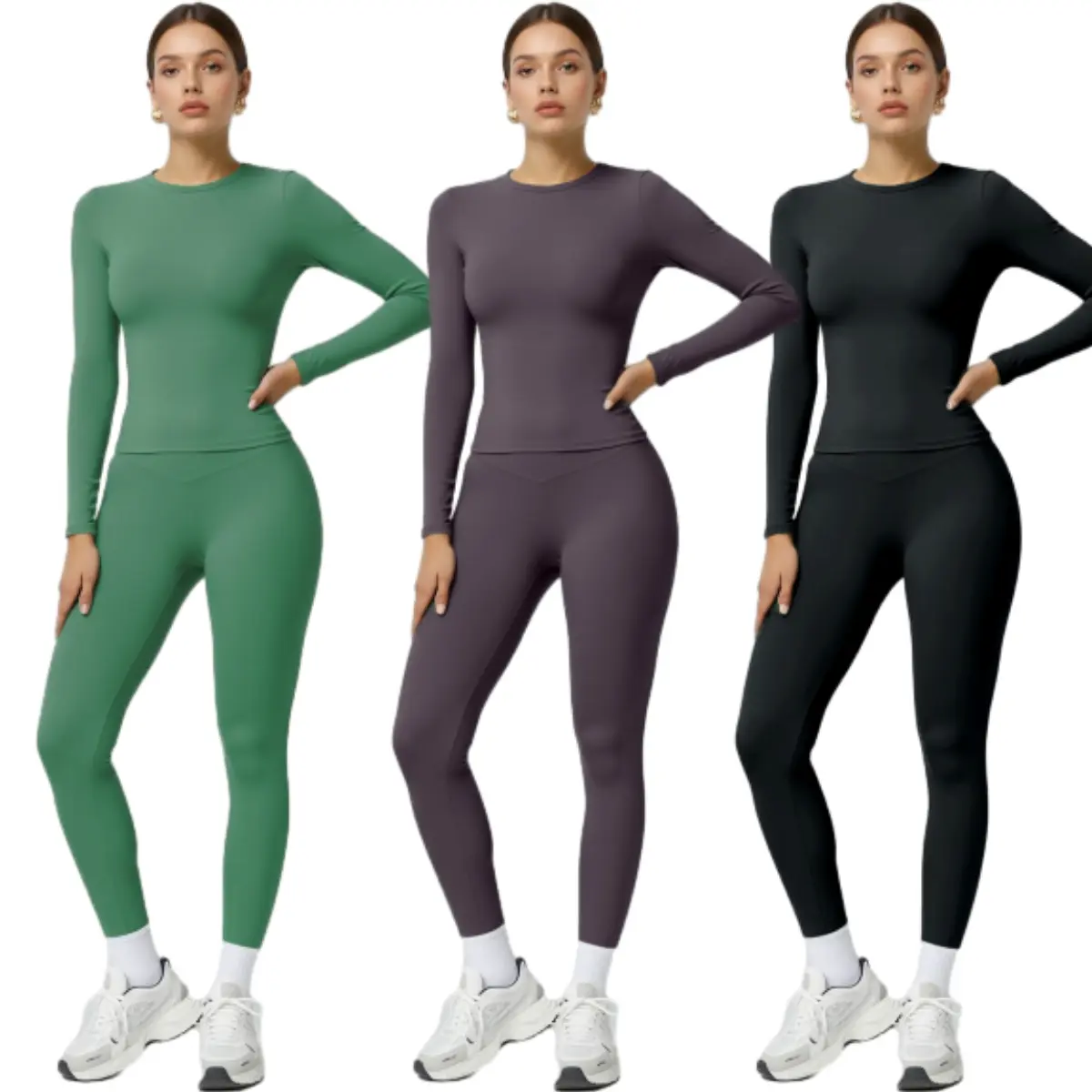Women's 2-Piece Activewear Set Long Sleeve Round Neck Top & High-Waist Leggings - 83% Nylon 17% Spandex Breathable Stretch Knit, Tight-Fit Sportswear for Yoga, Gym, Lounge, Fall/Winter