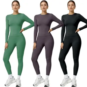 Two-piece Set Women's Solid Color Long Sleeve Round Neck Top & Leggings Tracksuit Set Sporty Comfy Breathable Outfits for Yoga Gym Workout Running Activewear Clothing Active Sportswear